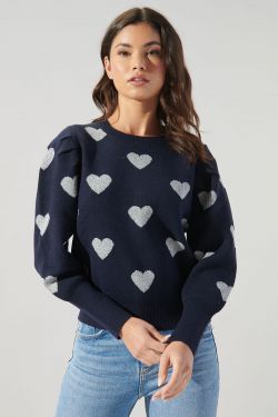 Sweetheart Lurex Puff Sleeve Sweater - NAVY-SILVER