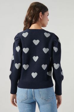 Sweetheart Lurex Puff Sleeve Sweater - NAVY-SILVER