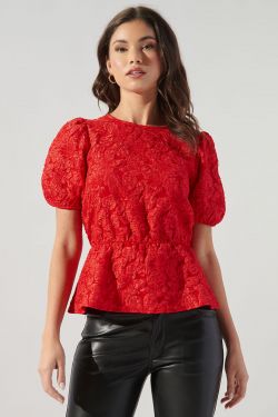 Nohemi Embossed Floral Puff Sleeve Peplum Top - RED