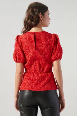 Nohemi Embossed Floral Puff Sleeve Peplum Top - RED