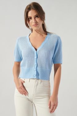 Leighton Short Sleeve Crochet Knit Cardigan - PASTELBLUE