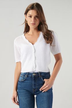 Leighton Short Sleeve Crochet Knit Cardigan - WHITE