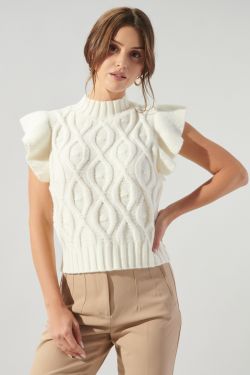 Tatum Flutter Sleeve Cable Knit Sweater Top - WHITE
