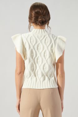 Tatum Flutter Sleeve Cable Knit Sweater Top - WHITE