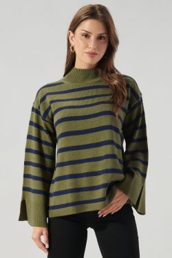 Slayder Striped Turtleneck Wide Sleeve Sweater - OLIVE-MULTI