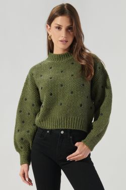 Minnie Embroidered Dot Sweater - OLIVE-BLACK
