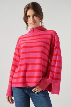 Slayder Striped Turtleneck Wide Sleeve Sweater - FUCHSIA-MULTI