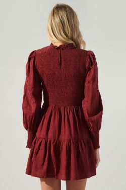 Elizabeth High Neck Smocked Mini Dress - BURGUNDY