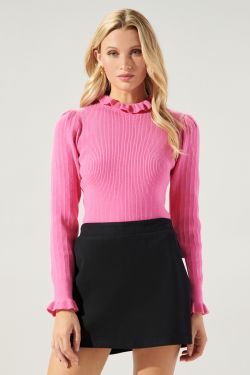 Joeylyn Ribbed Ruffle Sweater Top - BUBBLE-GUM