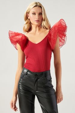 Lennon Ribbed Knit Puff Sleeve Top - RED