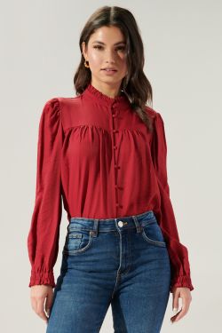 Warm Hearted Button Front Blouse - CHERRY