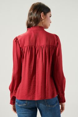 Warm Hearted Button Front Blouse - CHERRY
