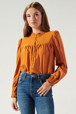 Warm Hearted Button Front Blouse - RUST
