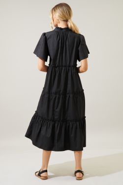 Noelle Split Neck Poplin Tiered Midi Dress - BLACK