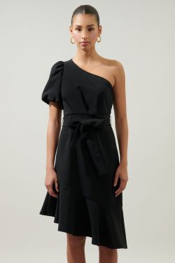 Chelsea Marjorie One Sleeve Tie Waist Midi Dress - BLACK