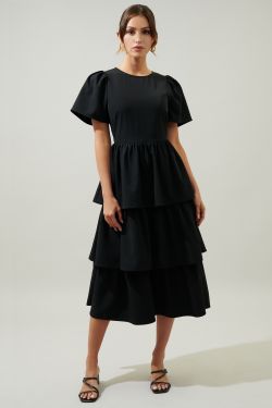 Sweet Nothing Tiered Midi Dress - BLACK