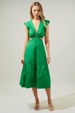 Torie Cut Out Poplin Midi Dress - KELLY-GREEN
