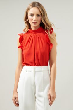 Kendra Mock Neck Wire Ruffle Sleeve Blouse - RED