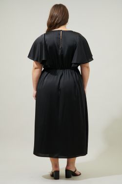 Chateau Satin Allegria Flutter Sleeve Midi Dress Curve - BLACK