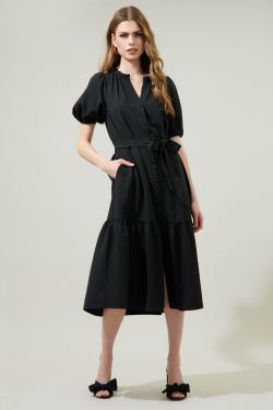 Randie Button Front Midi Dress - BLACK