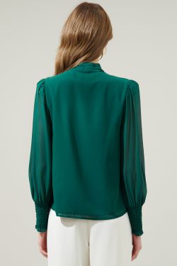 Vicente Tie Neck Long Sleeve Blouse - EMERALD