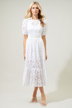 Fleur de Lis Lace Midi Dress - WHITE