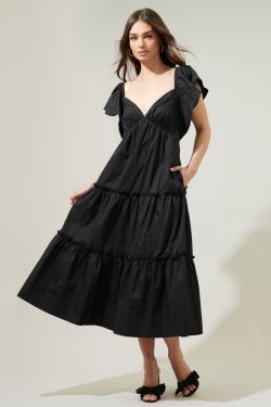 Petaluma Poplin Flutter Sleeve Midi Dress - BLACK