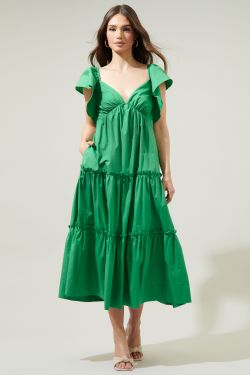 Petaluma Poplin Flutter Sleeve Midi Dress - KELLY-GREEN