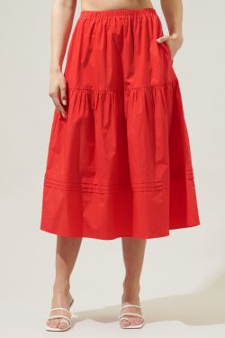 Flores Pleated Midi Skirt - RED