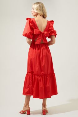 Zamora Poplin Tie Back Midi Dress - RED
