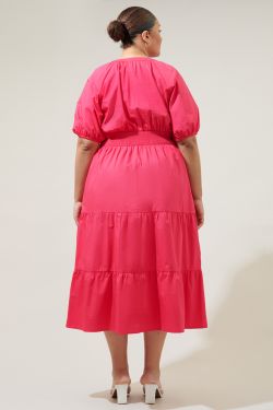 Jamila Poplin Puff Sleeve MIdi Dress Curve - FUCHSIA