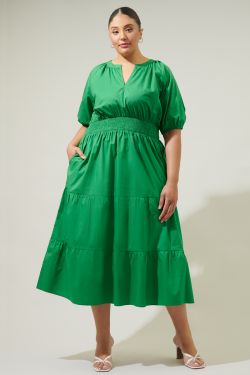 Jamila Poplin Puff Sleeve MIdi Dress Curve - KELLY-GREEN