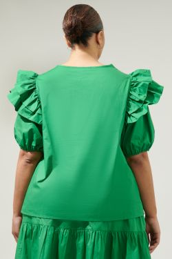 Flores Poplin Ruffle Short Sleeve Top Curve - KELLY-GREEN