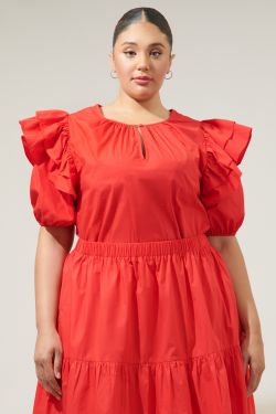 Flores Poplin Ruffle Short Sleeve Top Curve - RED