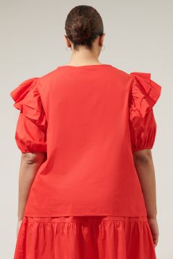 Flores Poplin Ruffle Short Sleeve Top Curve - RED