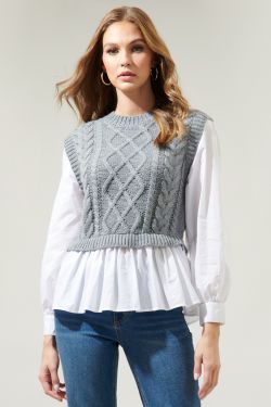 Javelina Mix Media Cable Knit SweaterVest Long Sleeve Top - GREY-WHITE