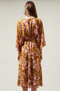 Magnolia Floral Kimono Sleeve Drapery Midi Dress