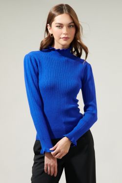 Joeylyn Ribbed Ruffle Sweater Top - COBALT