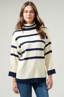 Hailey Hunter Striped Turtleneck Sweater - CREAM-NAVY