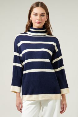 Hailey Hunter Striped Turtleneck Sweater - NAVY-CREAM