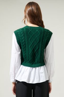 Javelina Mix Media Cable Knit SweaterVest Long Sleeve Top - EMERALD