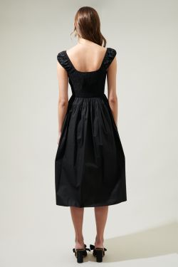 Stasia Yoke Smocked Midi Dress - BLACK