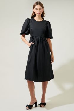 Rye Poplin Puff Sleeve Midi Dress - BLACK