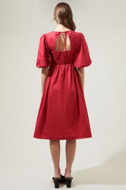 Rye Poplin Puff Sleeve Midi Dress - CHERRY