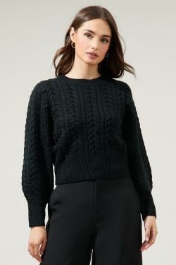 Ashtyn Cable Knit White Balloon Sleeve Sweater - BLACK