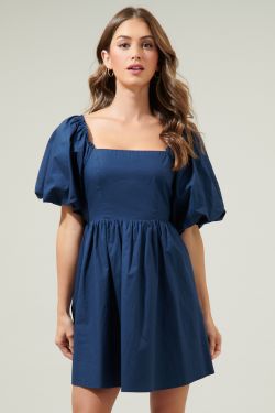 Marion Oversized Puff Sleeve Babydoll Mini Dress - NAVY