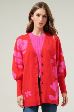 Kassey Floral Button Down Long Cardigan - RED-PINK