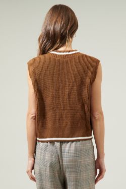 Varsity V Neck Cropped Knit Sweater Vest - CHOCOLATE