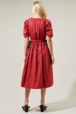 Marbrissa Mutton Sleeve Midi Dress - RED