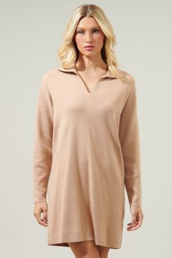 Emerla Relaxed Collared Sweater Dress - CAMEL